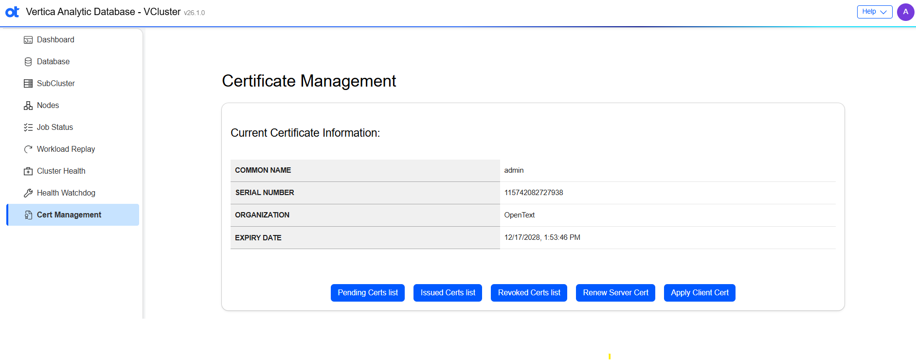 VCluster UI certificate management page