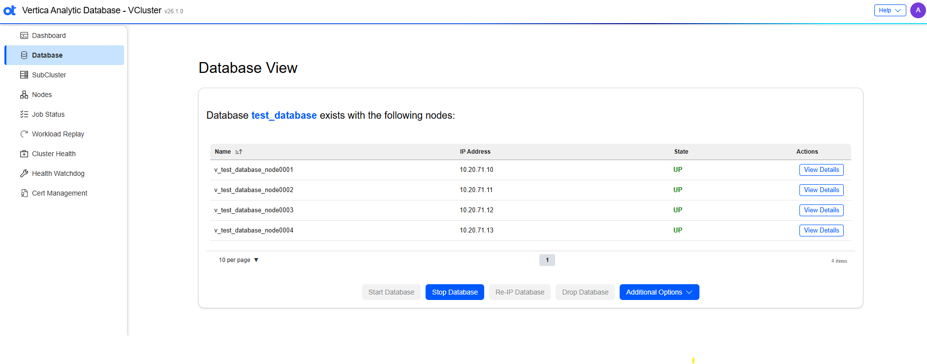 VCluster UI database page