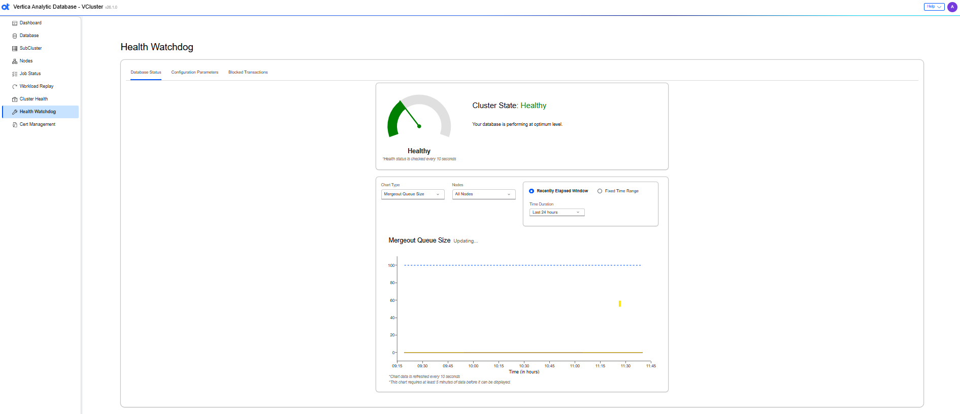 VCluster UI health watchdog database status