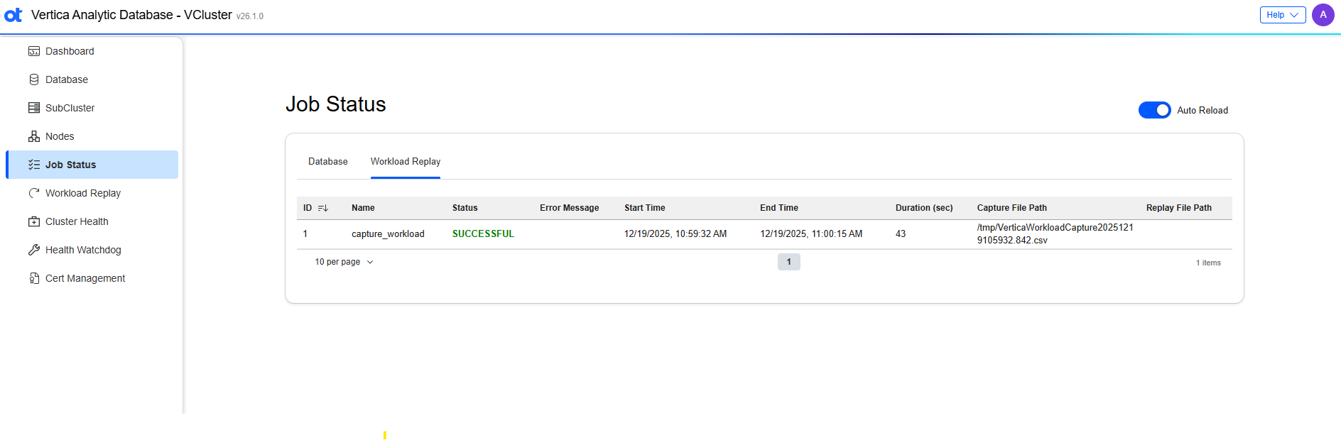 VCluster UI job status workload replay page