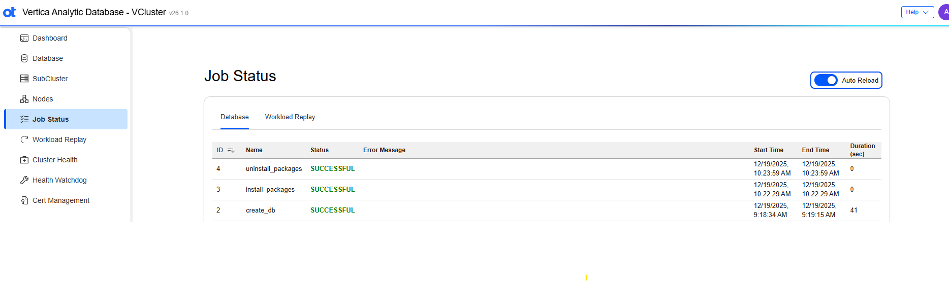 VCluster UI job status database page
