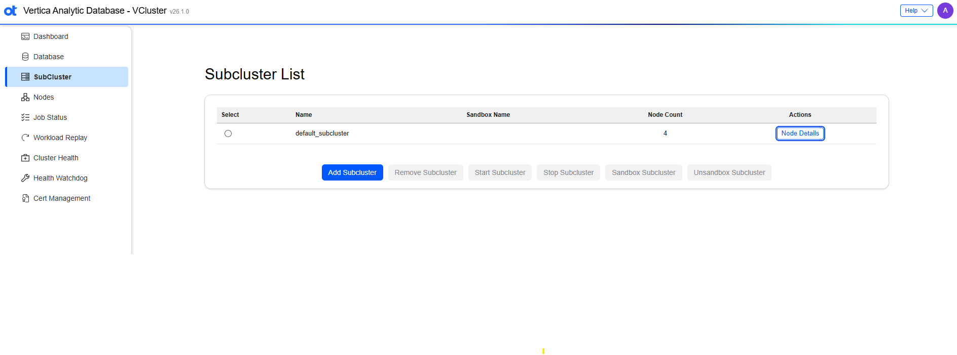 VCluster UI subcluster page