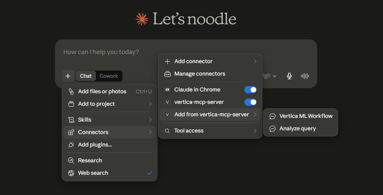 Add from vertica-mcp-server menu showing the Vertica ML Workflow option