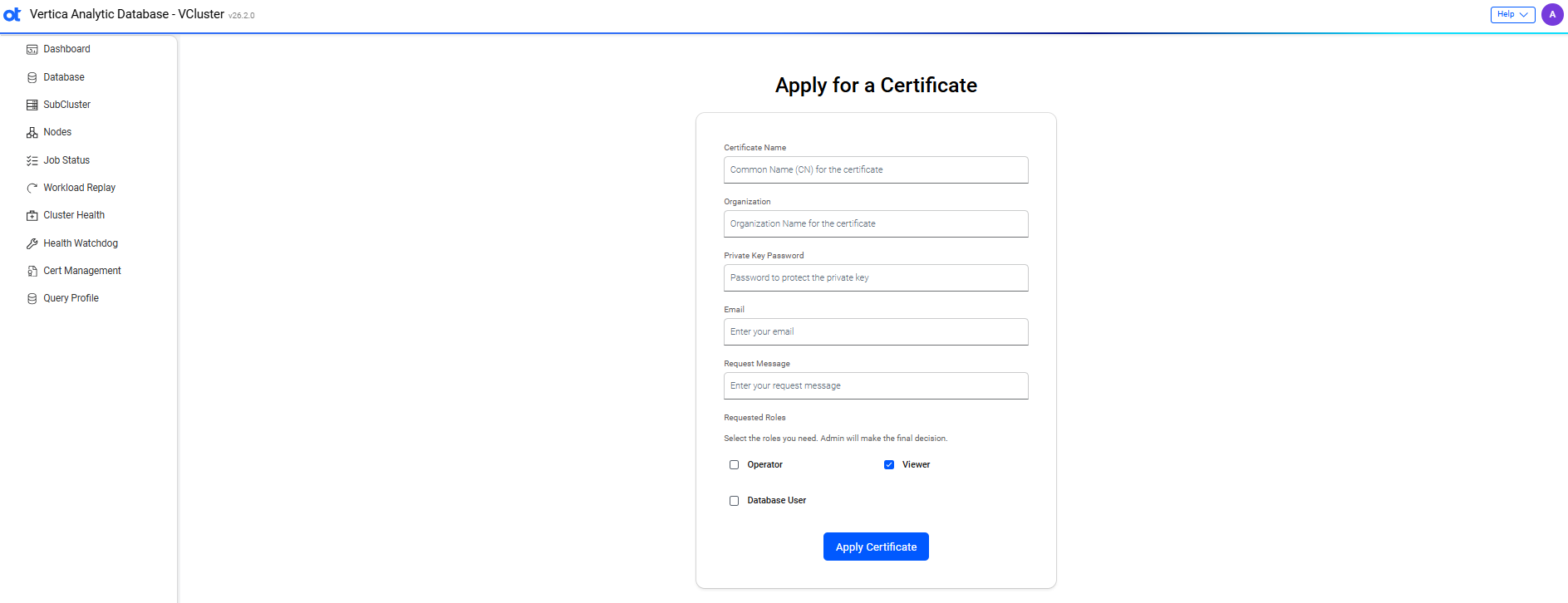 VCluster UI certificate management apply client certificate