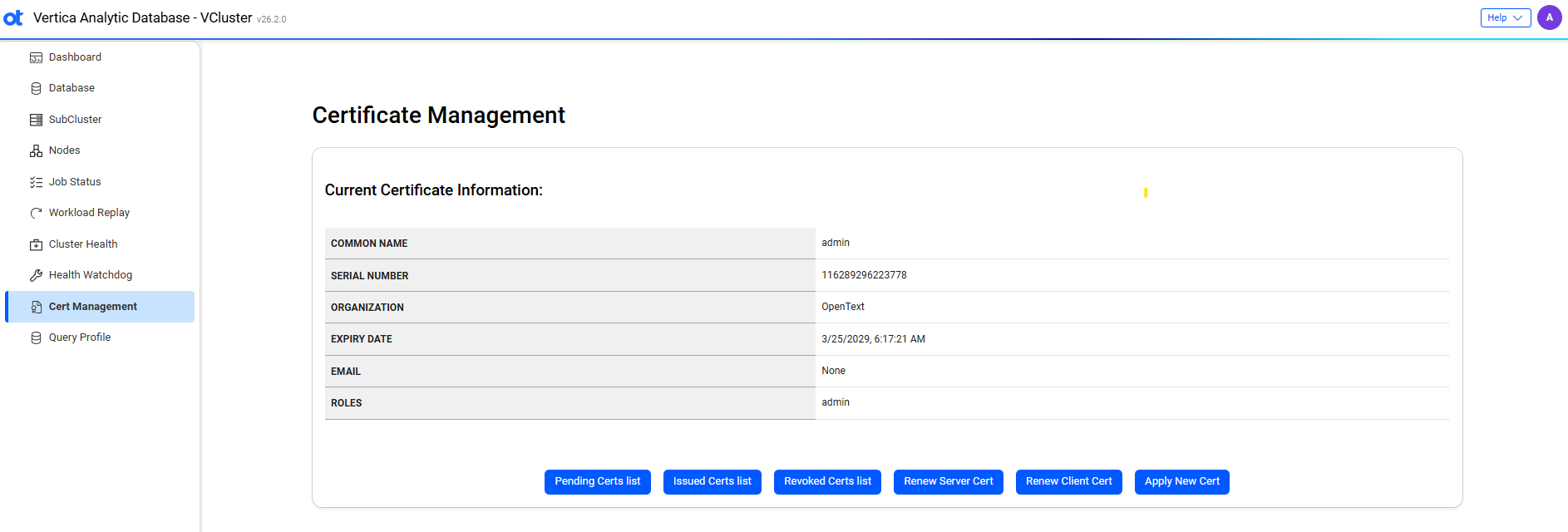 VCluster UI certificate management page