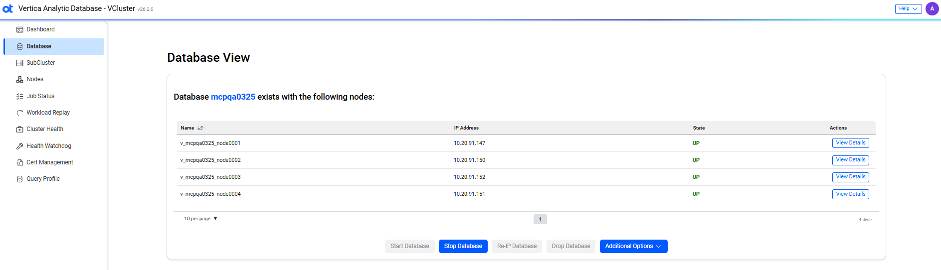 VCluster UI database page