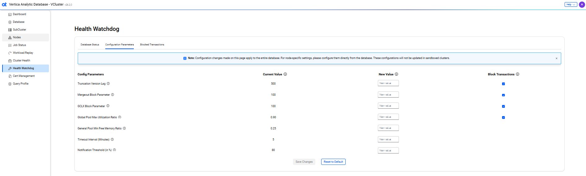 VCluster UI health watchdog configuration parameters
