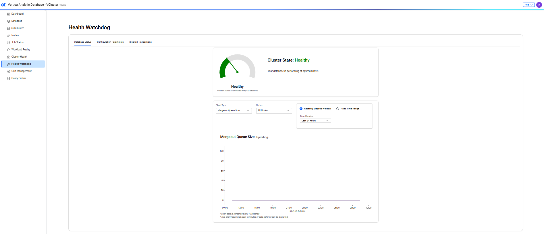 VCluster UI health watchdog database status