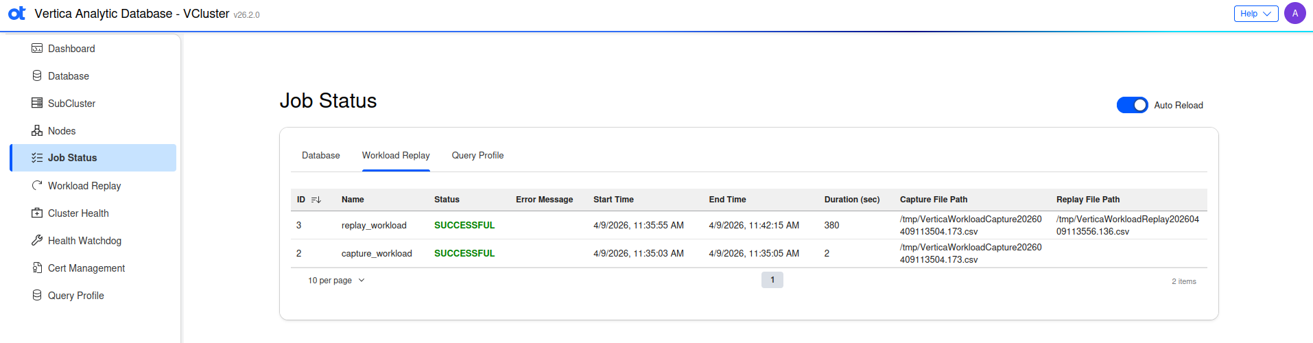 VCluster UI job status workload replay