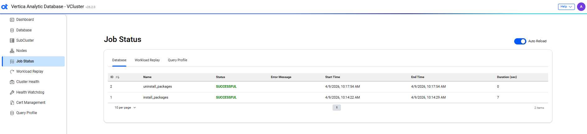 VCluster UI job status database page