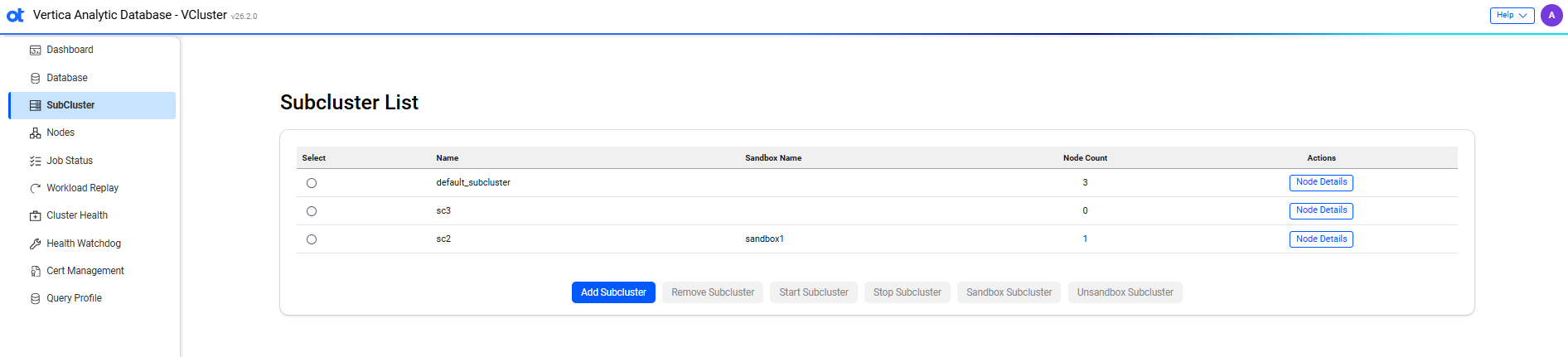 VCluster UI subcluster page